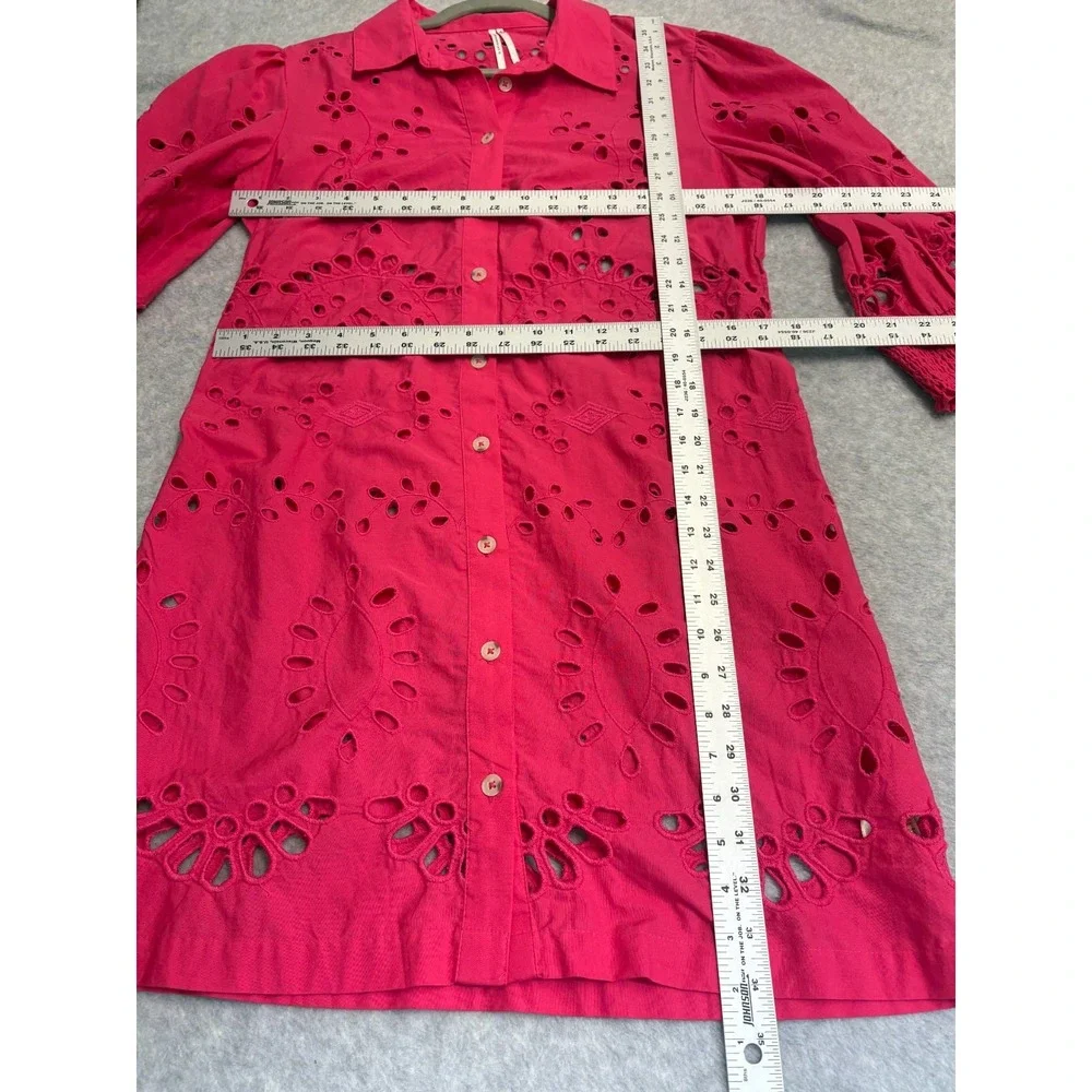 Anthropologie Shirt Dress Womens Medium Pink Button Up Eyelet Puff Sleeve Boho